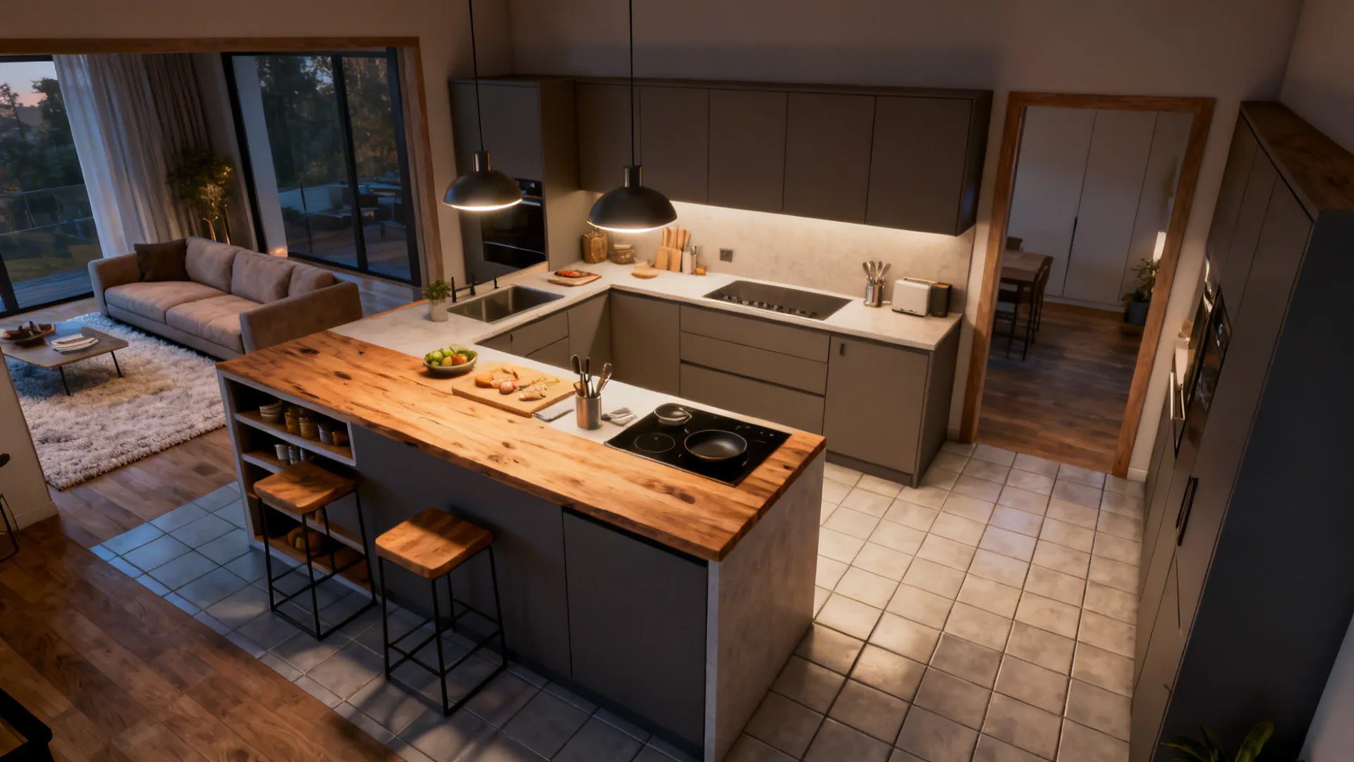 Kitchen island serving as a divider with seating and pendant lights, living area beyond.