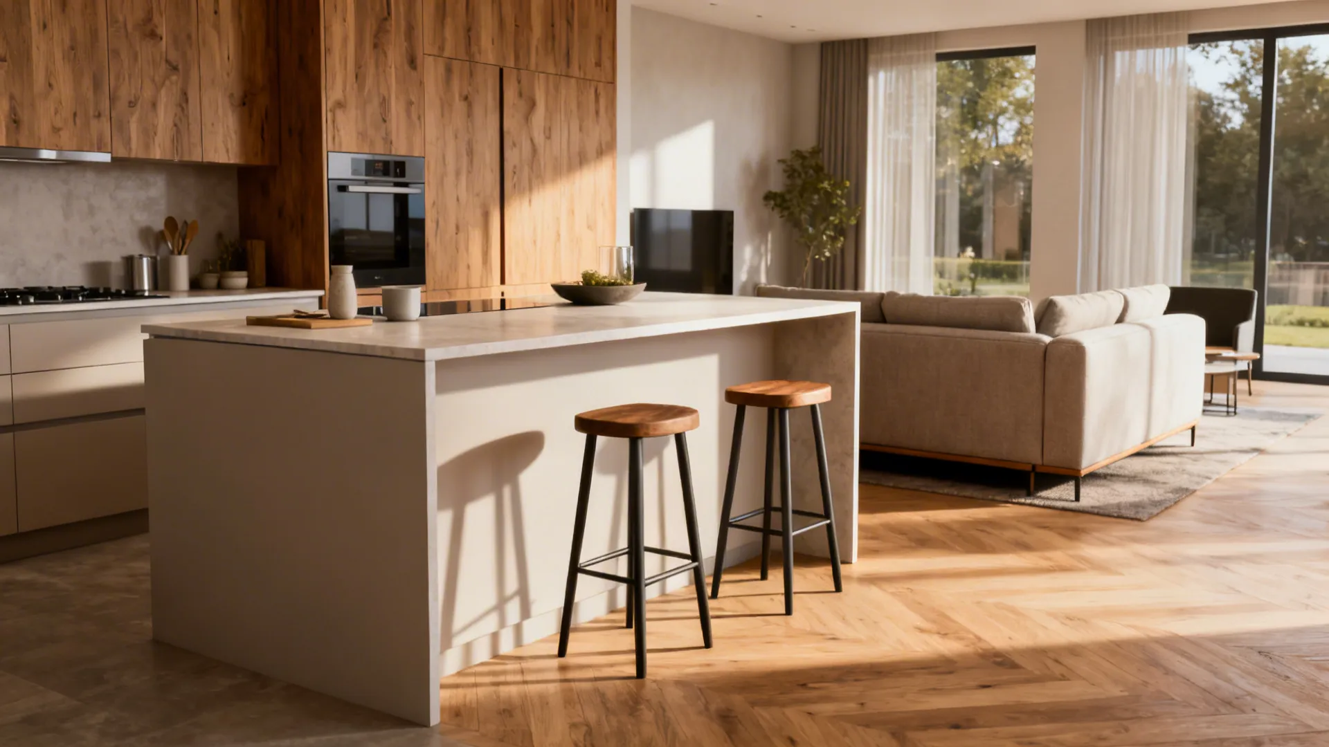 Kitchen island with seating serving as a functional divider between kitchen and living areas.