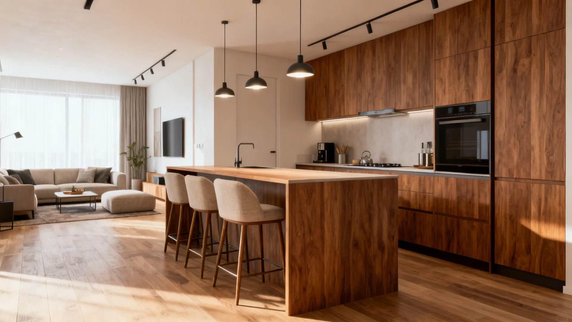 Slimline kitchen island with seating separating kitchen and living room in a small open-plan flat.