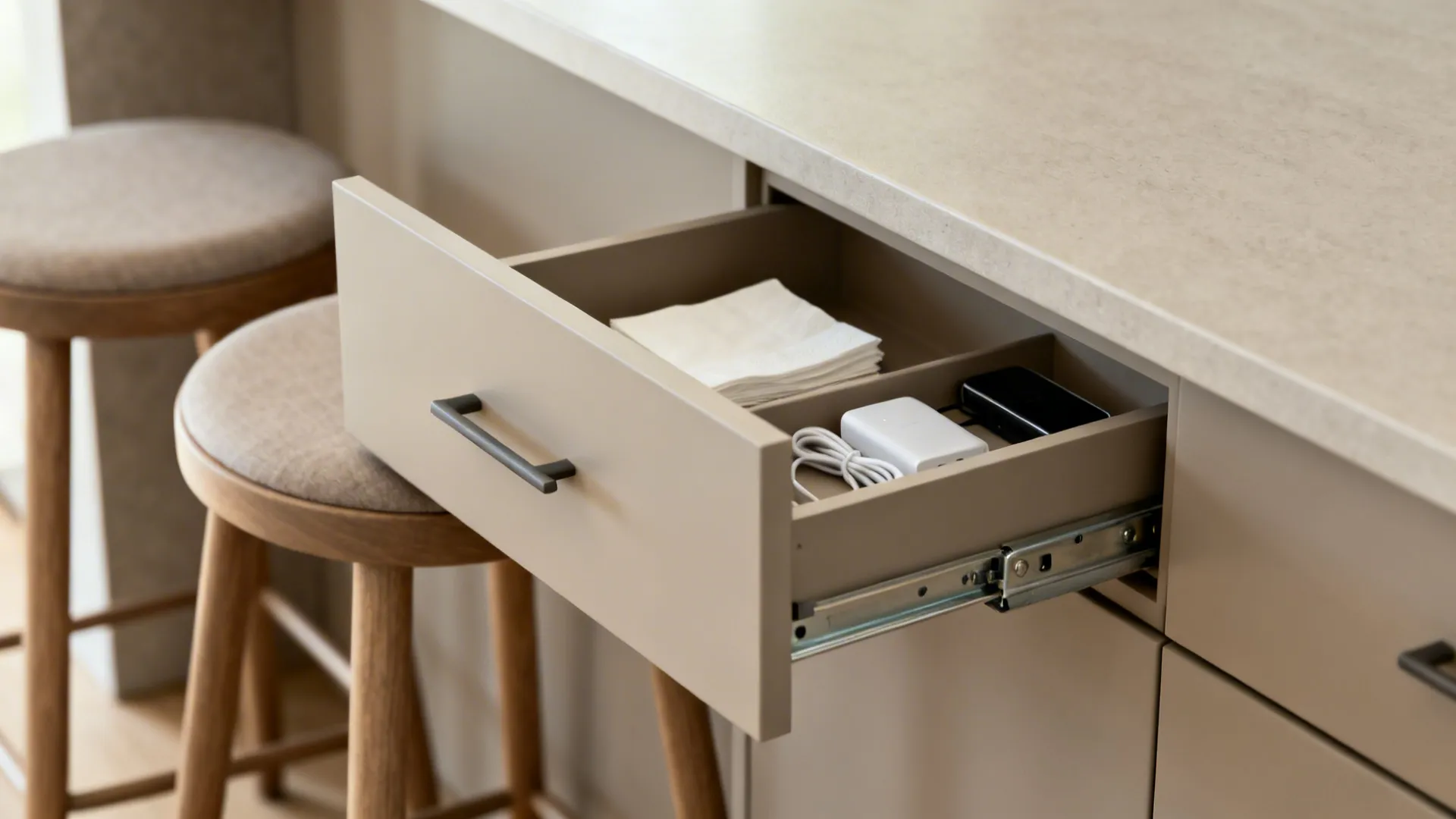 Macro view of a shallow drawer under an island overhang with neatly organized dining items.