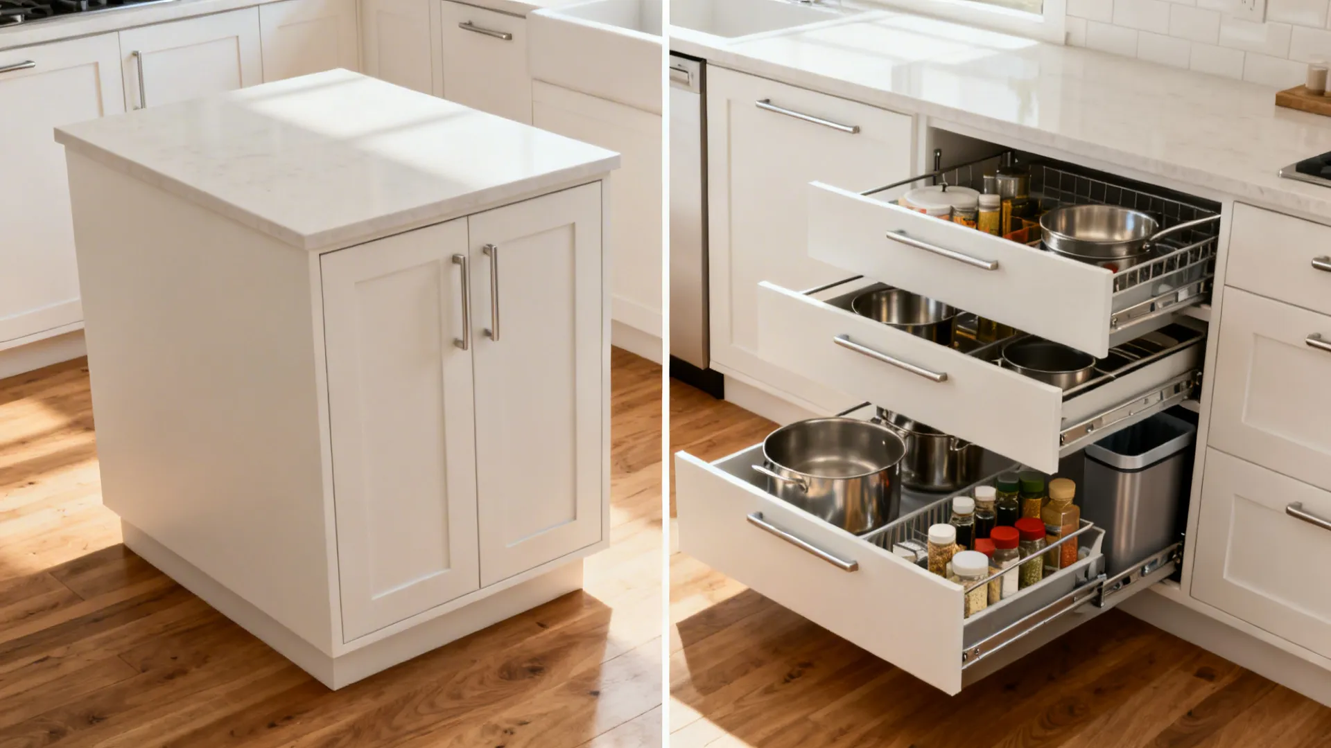 Before-and-after of a small island upgraded from doors to full-extension drawers.