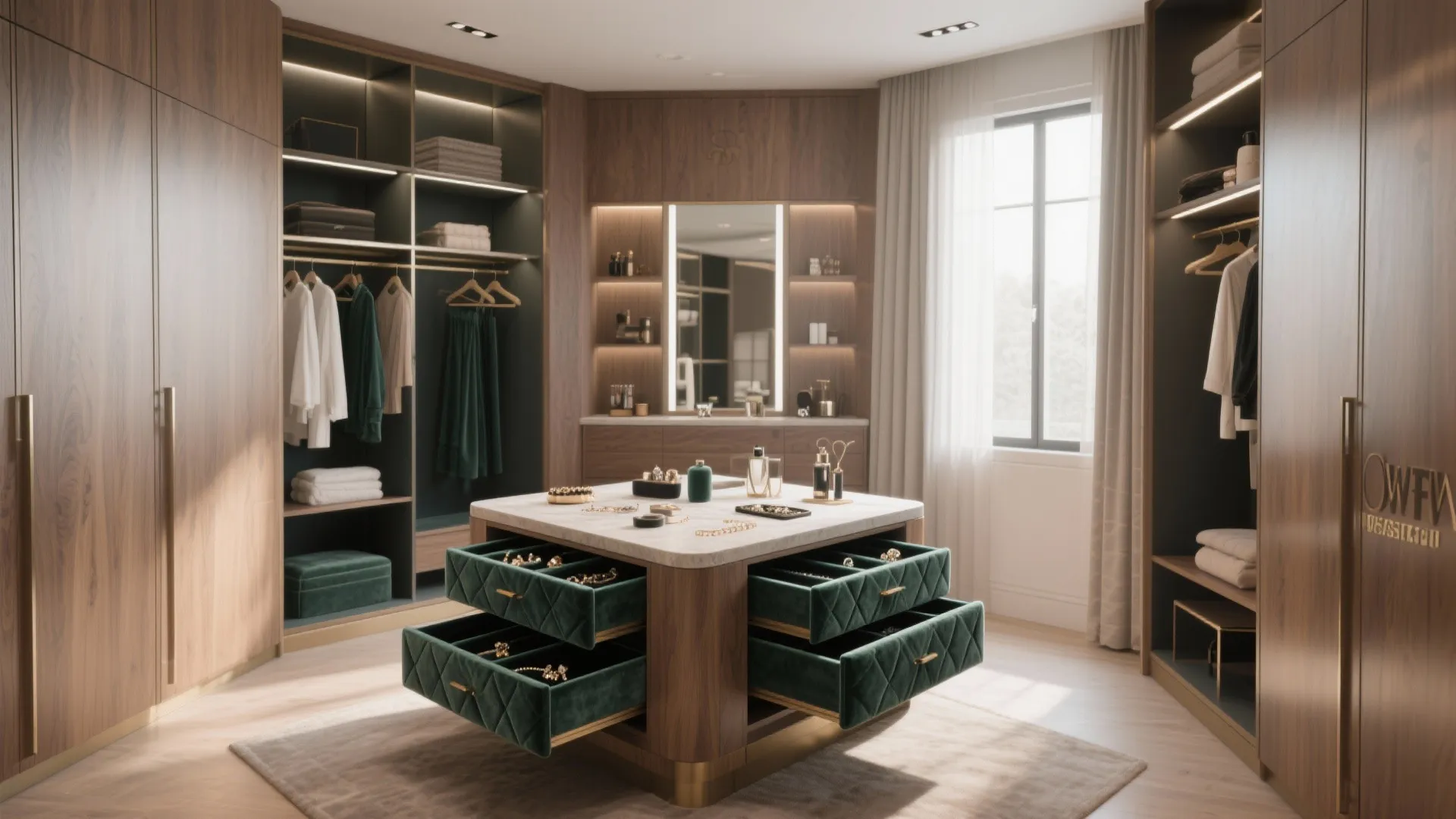 Island dresser with hidden accessory drawers in small dressing room