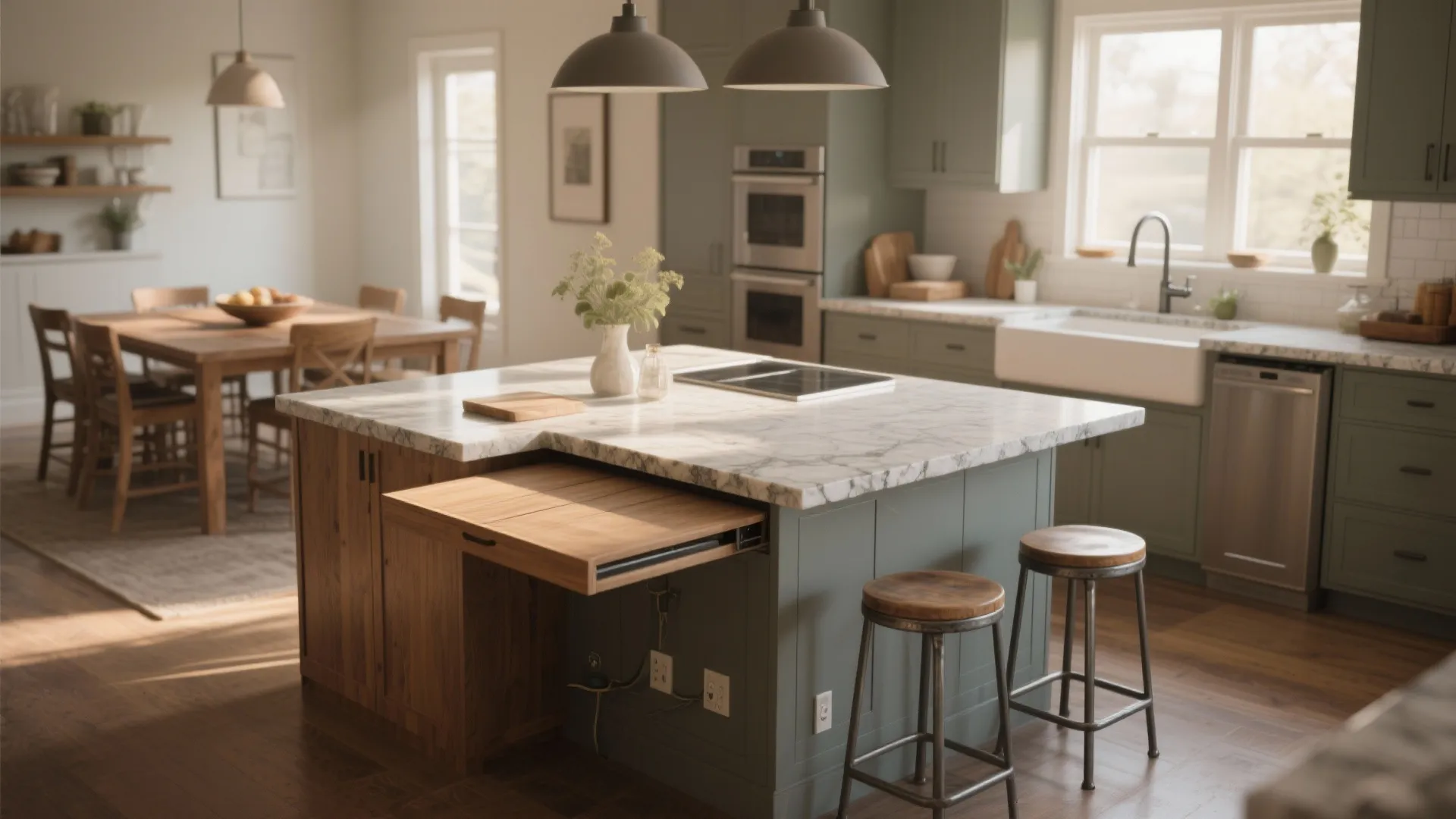 Kitchen island with one drop-leaf side serving as prep surface by day and dining surface by night.