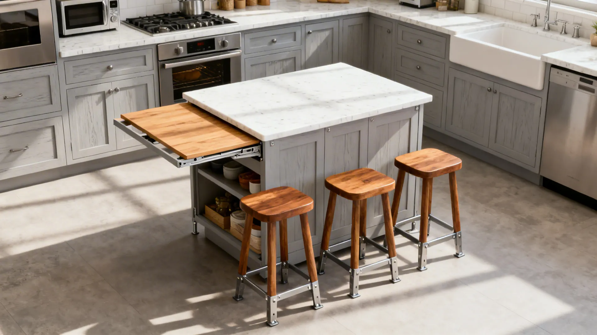 Grey kitchen island with marble top plus wooden extension and three wooden stools in kitchen