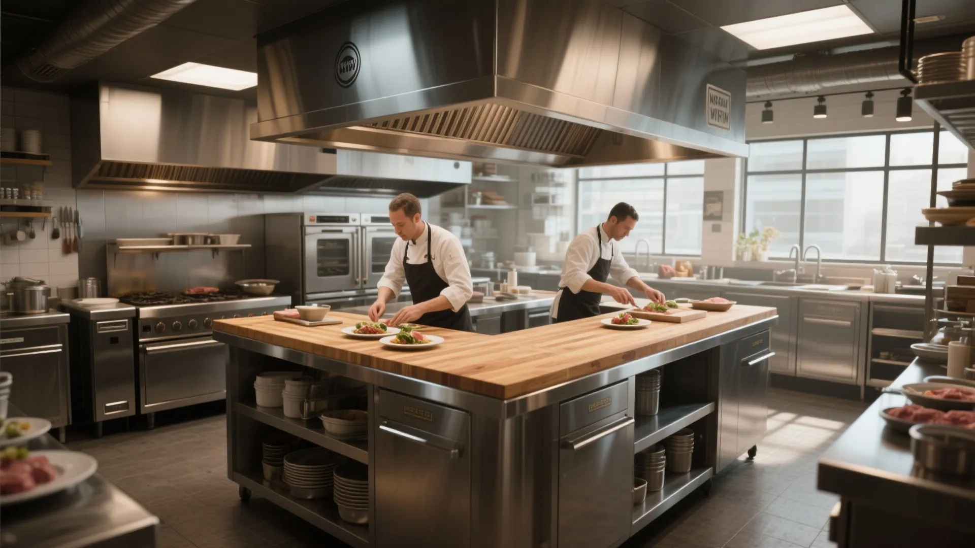 Two chefs preparing fresh food on wooden island table inside professional kitchen with large metal hood