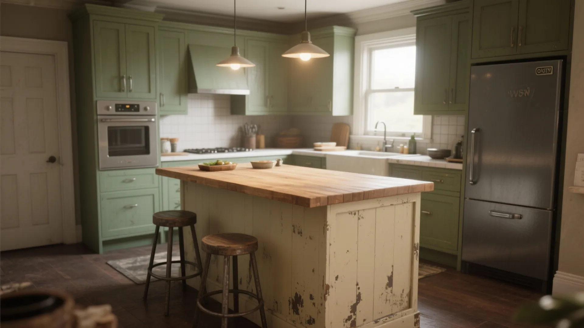 Green kitchen cabinets with wooden island and two stools beside a large grey fridge and oven