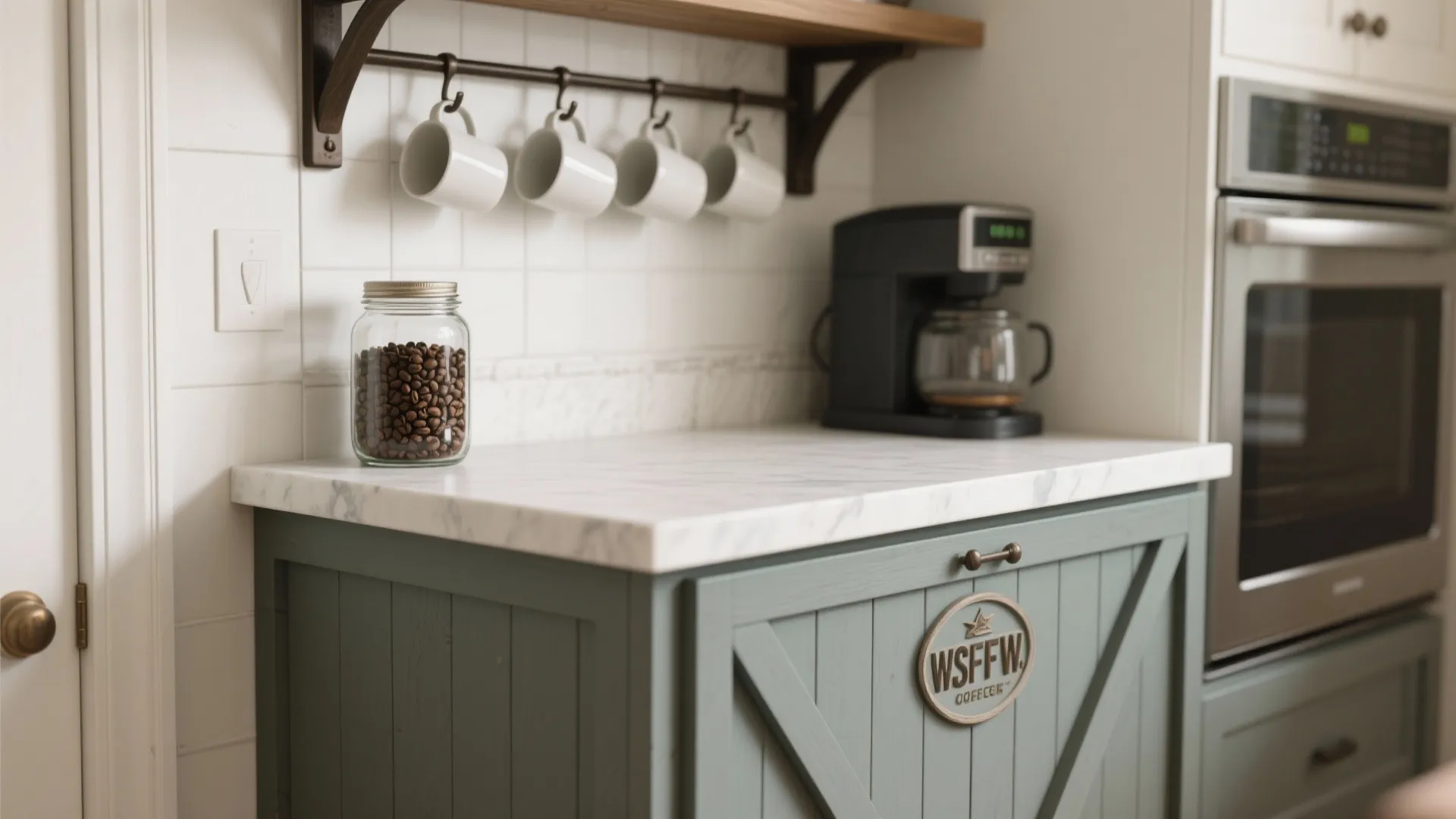 Home coffee station with marble countertop green cabinet hanging white mugs and small coffee maker
