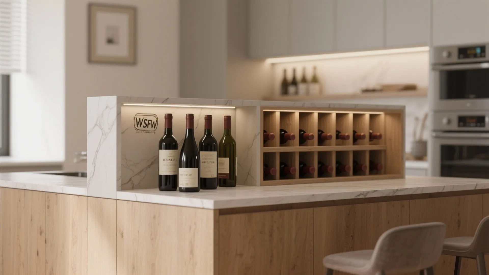 Kitchen island with marble top featuring built in wooden wine rack and glowing internal light fixture