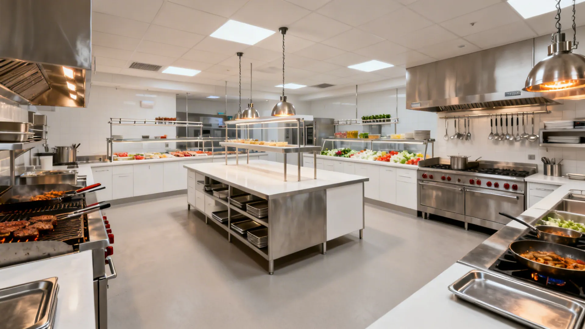 Square kitchen with a central expedite island and perimeter cooking stations.