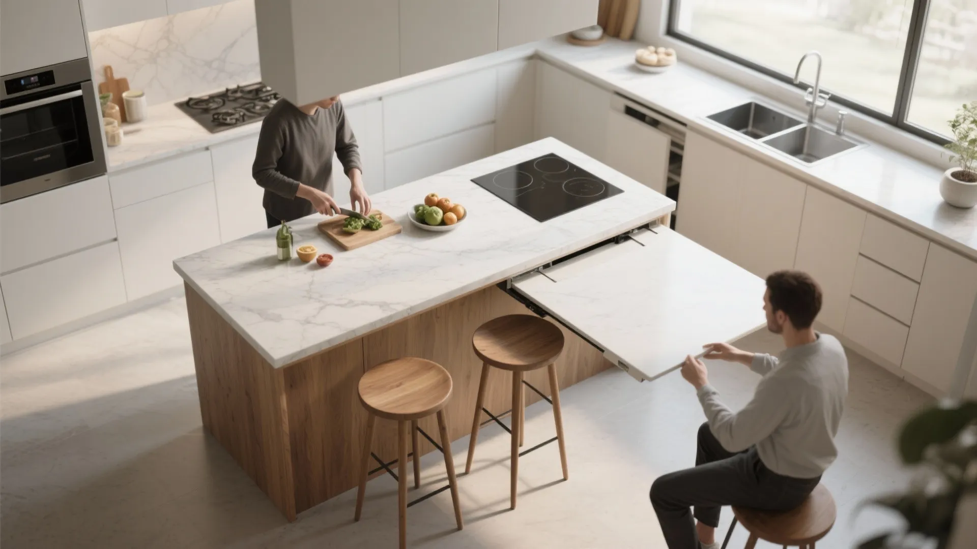 Modern kitchen island with marble top and wood base featuring an extendable hidden dining table