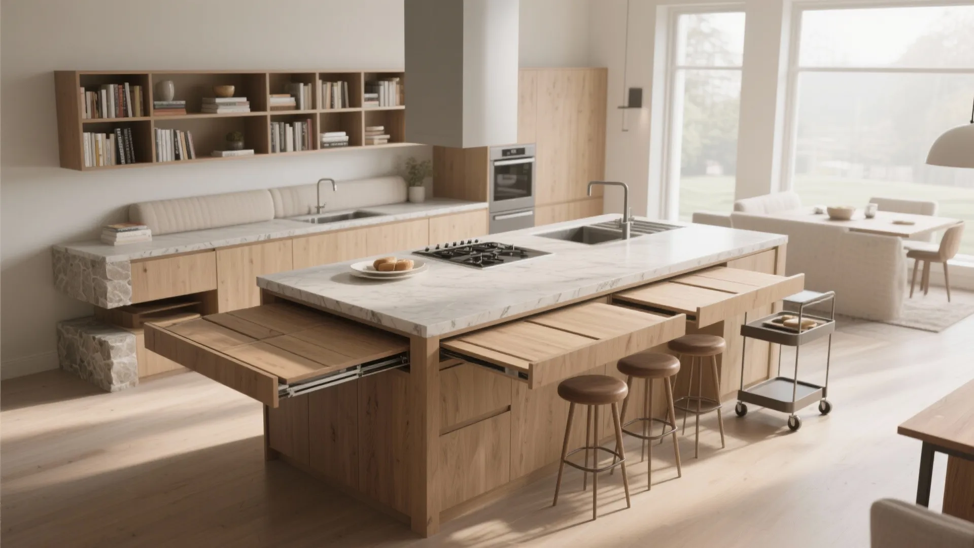 Modern kitchen island with pull out wooden dining tables marble countertop wooden stools and wall shelves