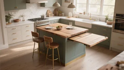 Green Kitchen with Wood Island and Pull-Out Table Feature