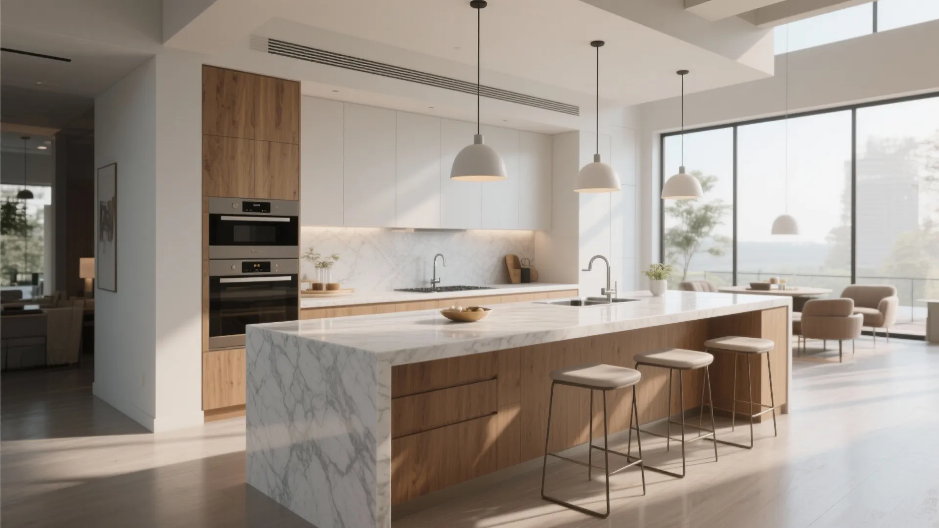 Modern kitchen with marble island three stools wood cabinets and three white hanging ceiling lights