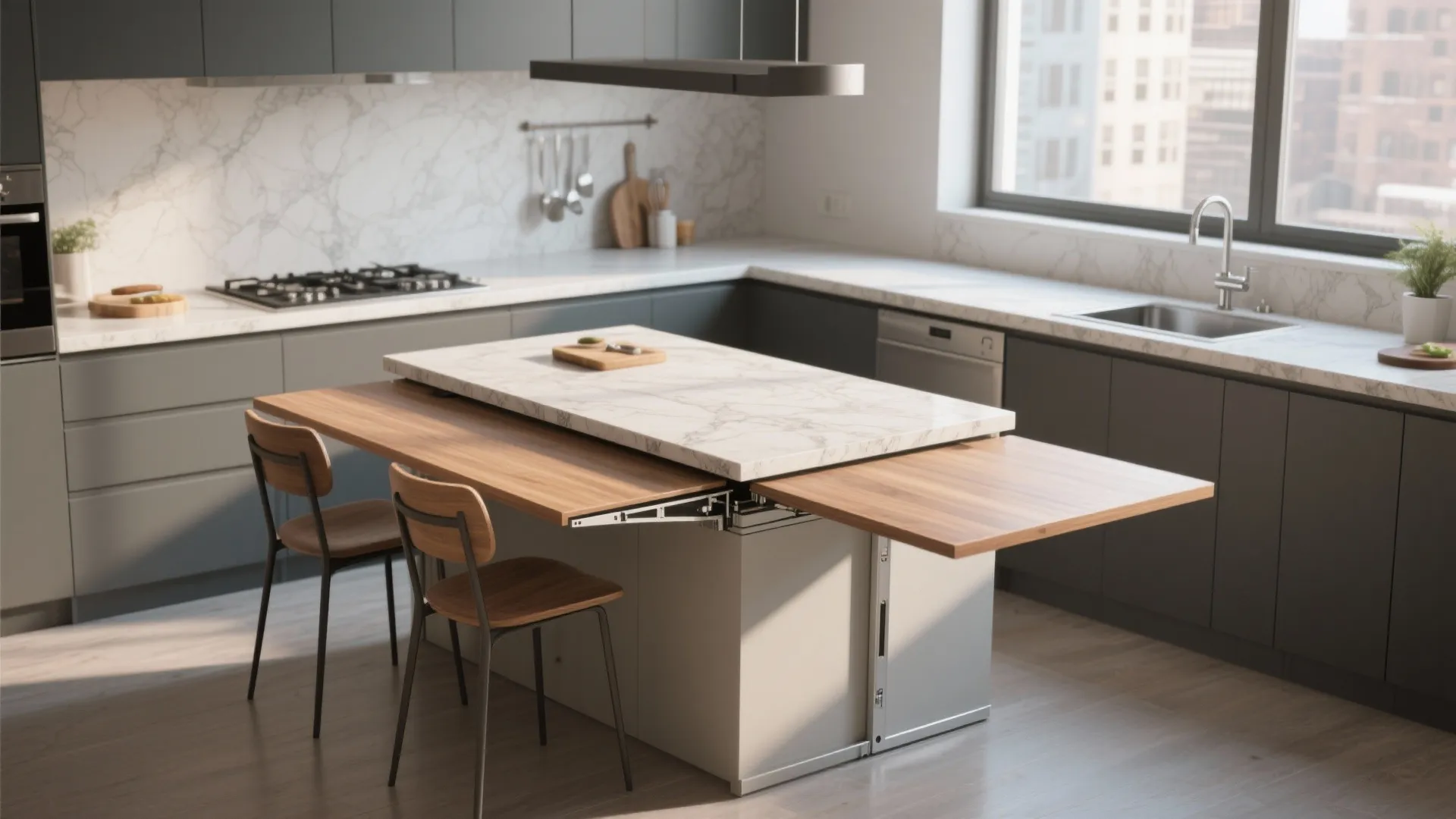 Multi-use island with folding table extension