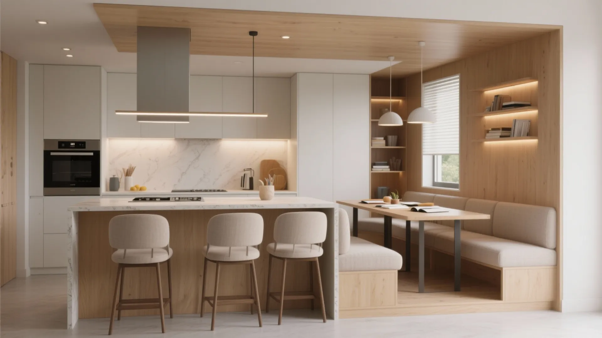 Kitchen island extension with nook seating for dining and homework
