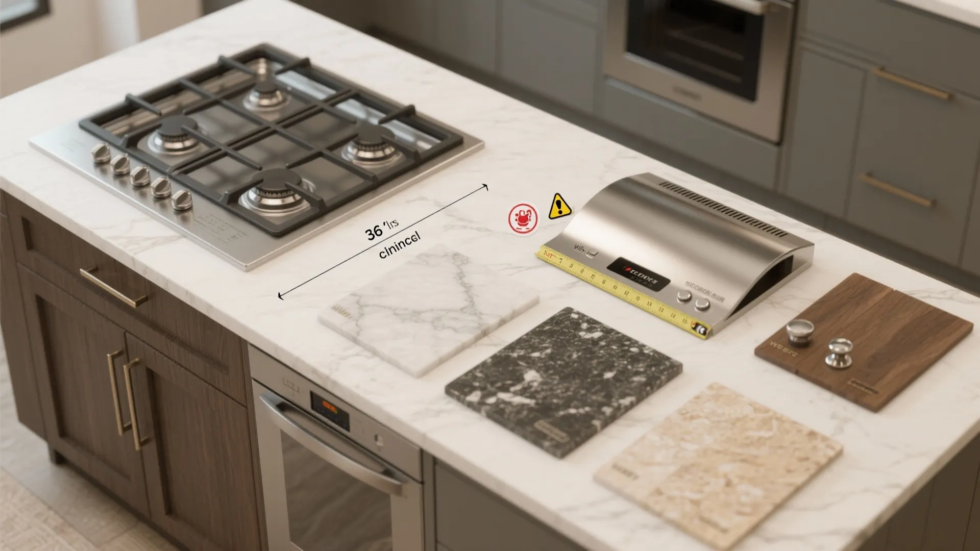 Kitchen island with white marble top showing gas stove and small material tiles with measurements