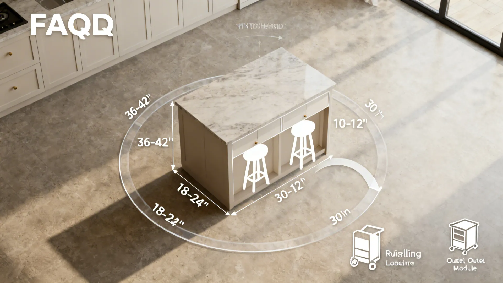 Top-down visual board showing clearances, overhangs, stools, rolling cart, and outlet ideas.
