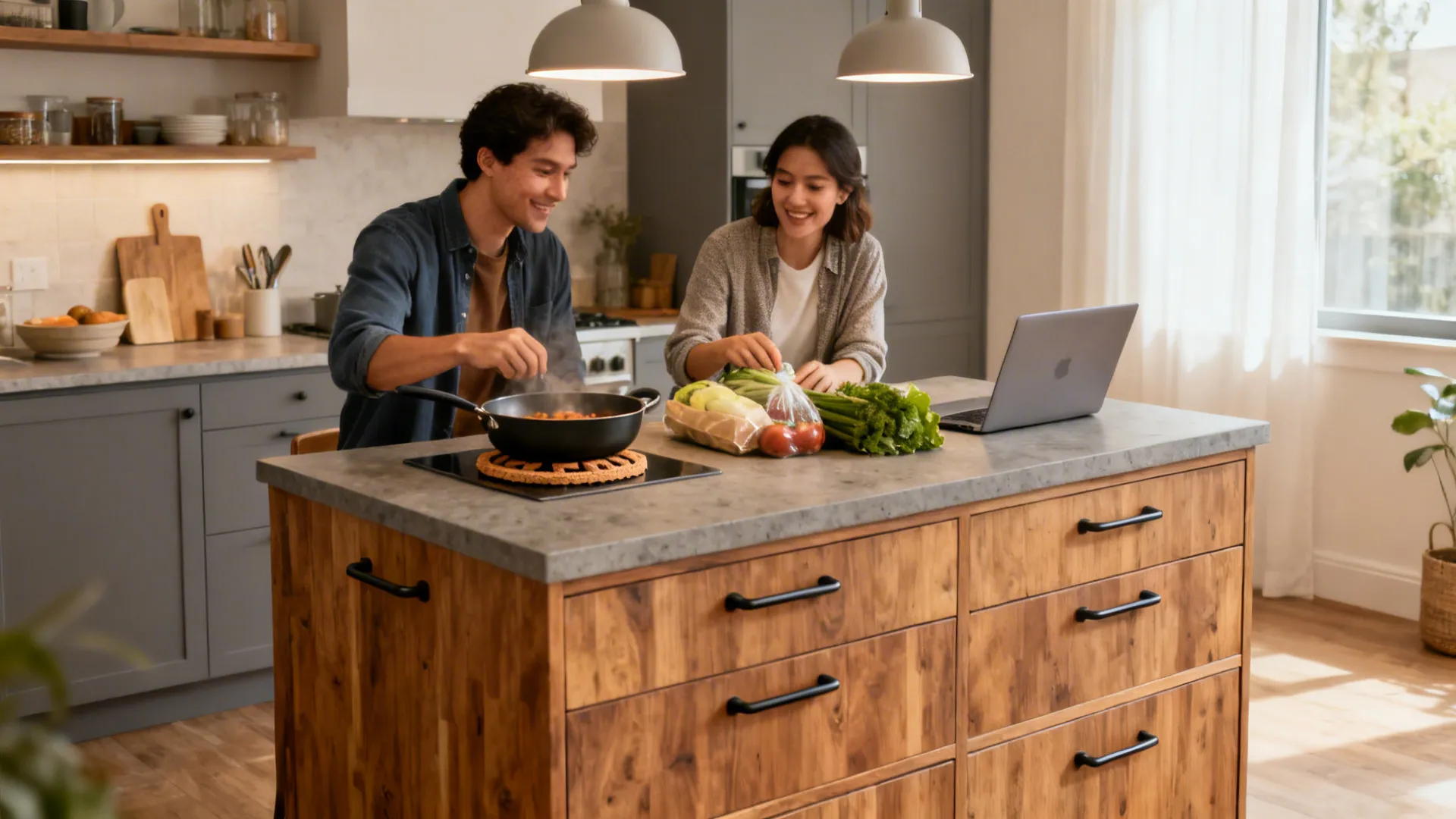 Finished island with layered lighting, ergonomic pulls, and clear surface for daily use.