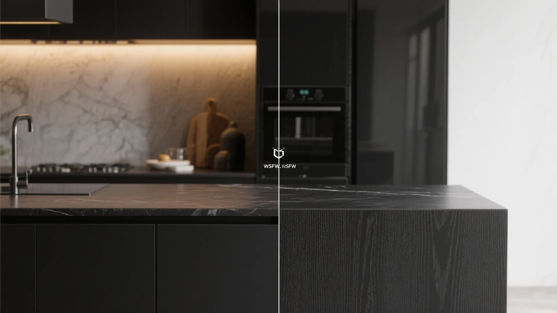 Close up comparison of dark marble kitchen island surface and black wood cabinet finish textures