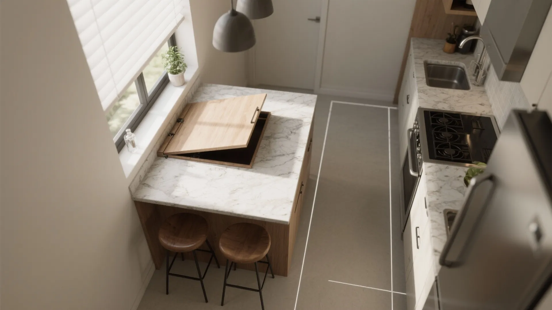 Top-down view of a narrow island with a flip-leaf raised and stools tucked underneath showing clear circulation.