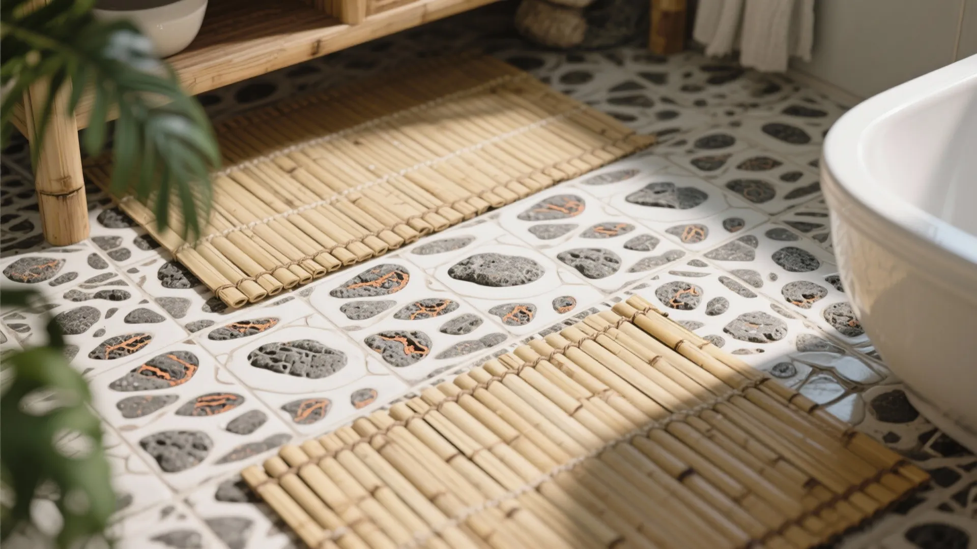 Close up of stone patterned floor tiles with two bamboo mats next to white bathtub