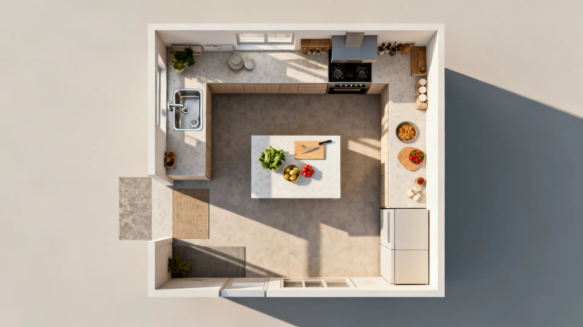 Top-down layout showing efficient prep-to-cook flow with an island sink and clear aisles.