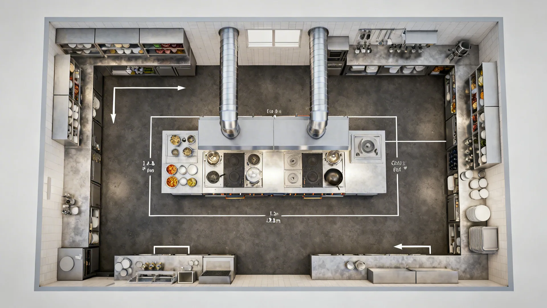 Top view of professional kitchen layout with central island cooking station and stainless steel food counters
