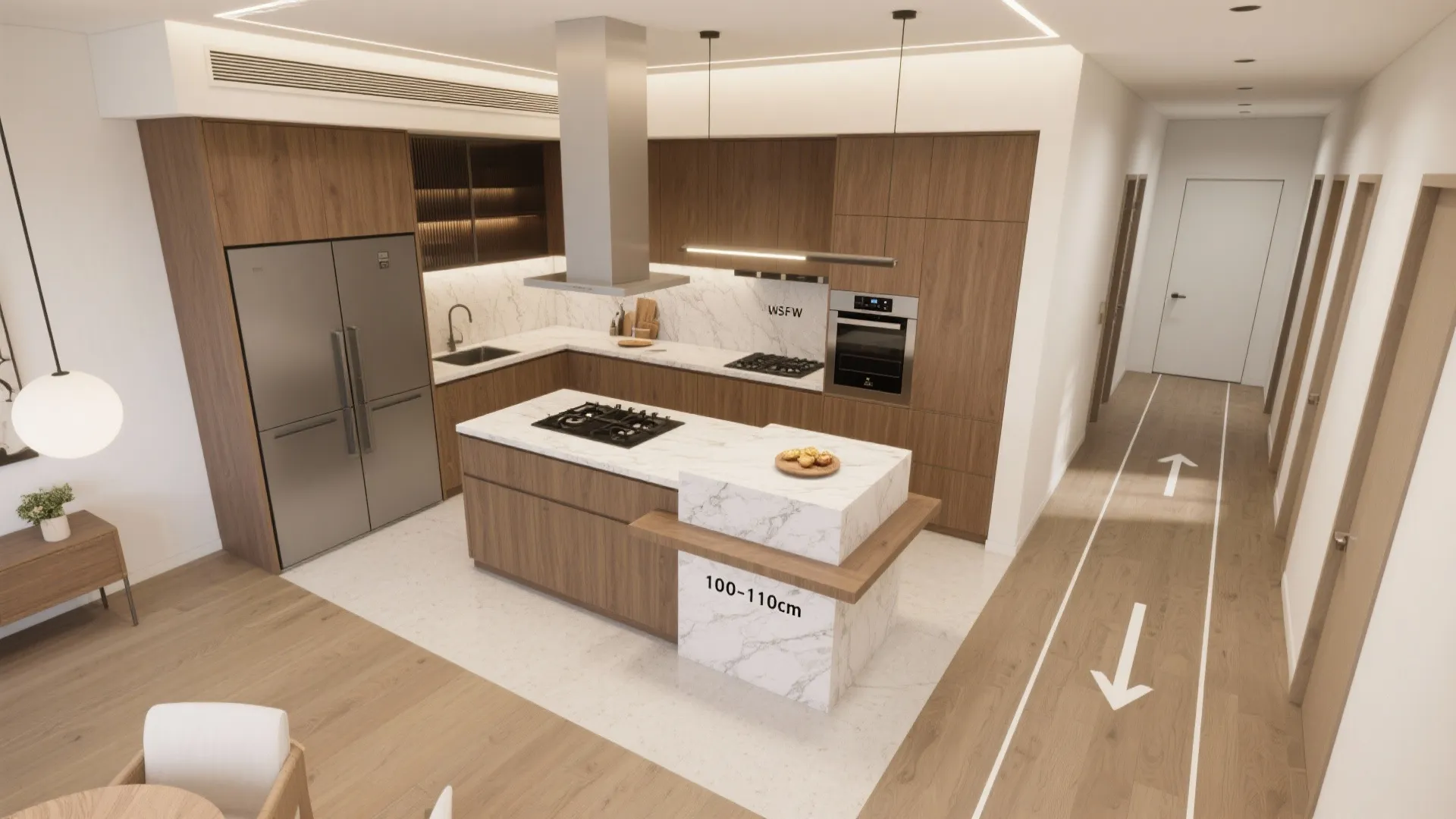 Modern kitchen with wood cabinets marble island large fridge oven and hallway floor plan layout