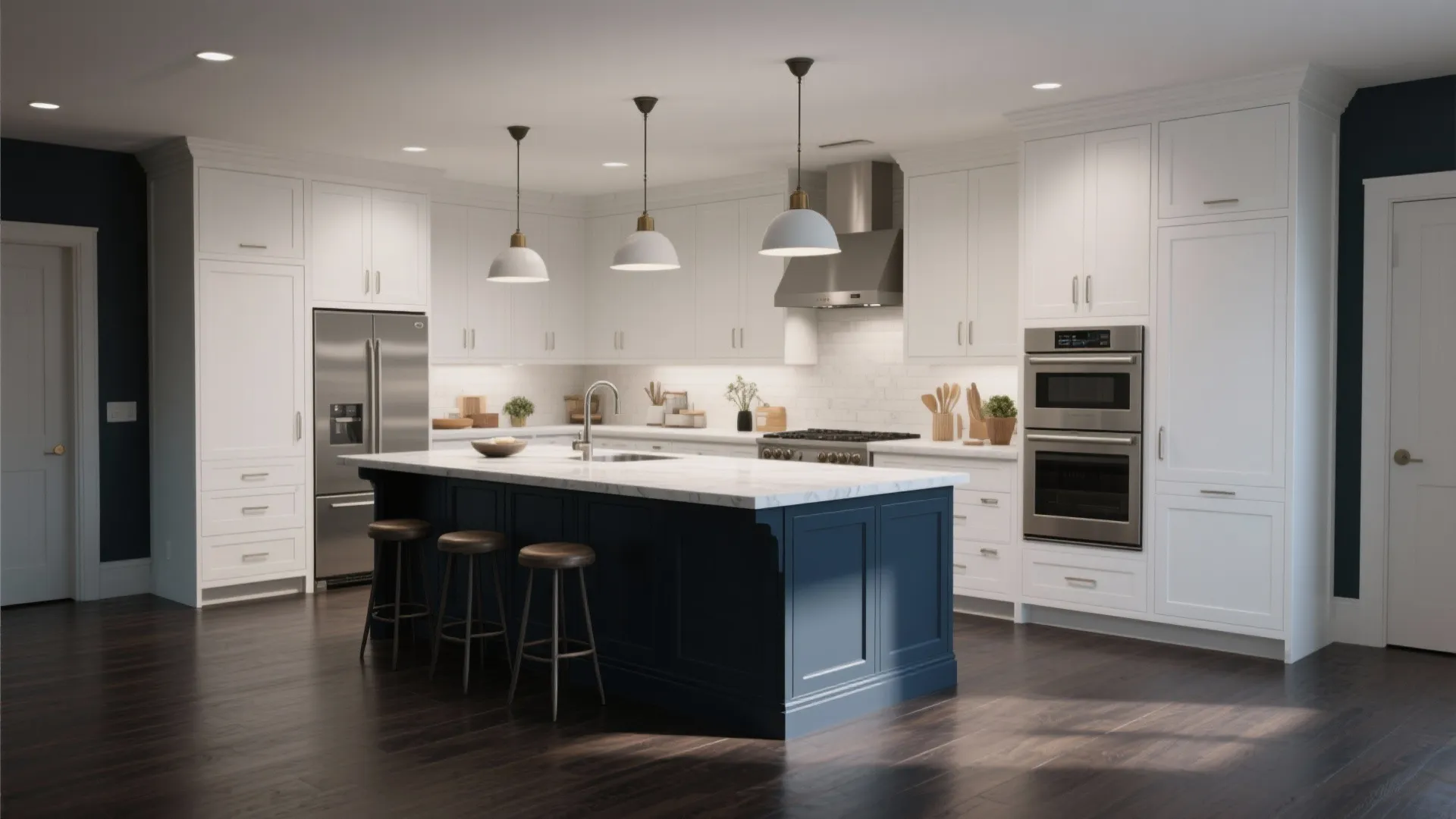 Large blue kitchen island with marble top and three wooden stools under three ceiling lights