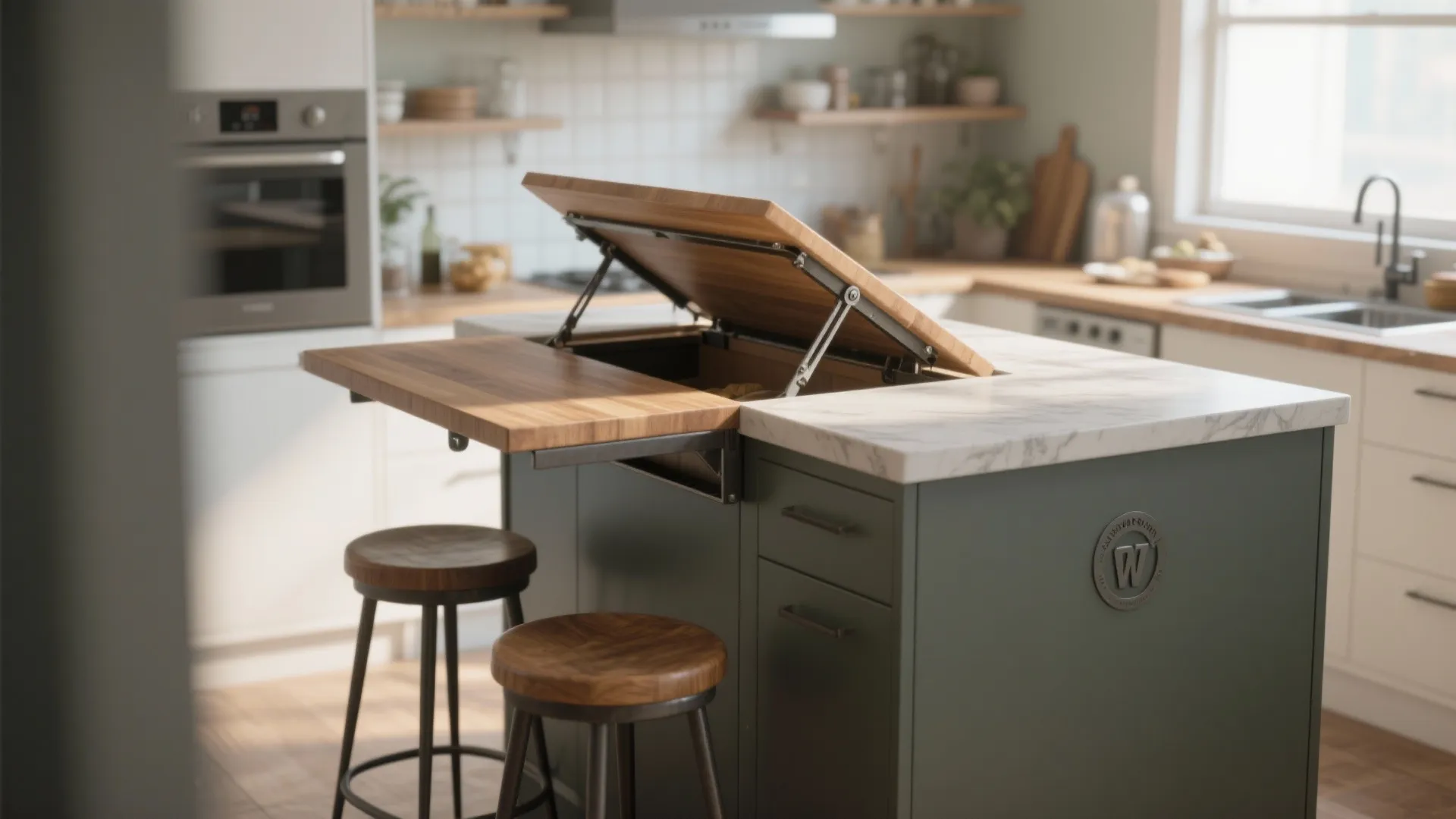 Multifunction kitchen island with a hinged folding leaf used for dining and prep, shown with stools.