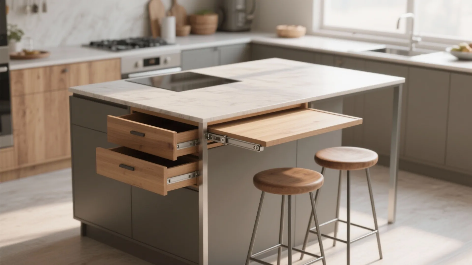 Compact kitchen island with a fold-down leaf extended, showing storage and support leg details.