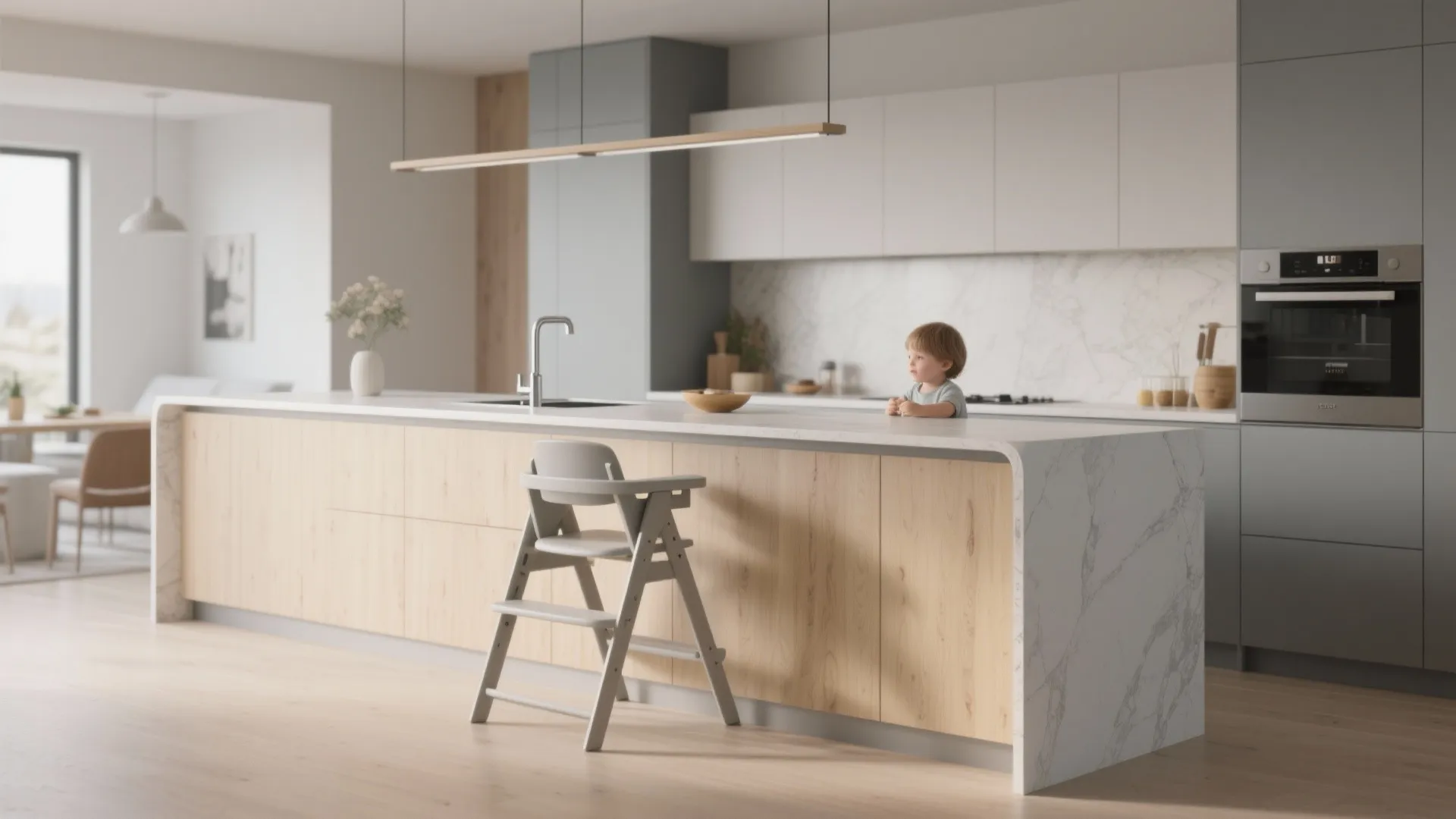 Slim kitchen island with a fold-out highchair at the end, showing rounded child-safe edges and planned legroom.