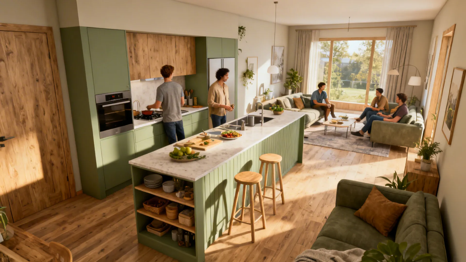 Narrow kitchen island defining the kitchen edge and providing seating and storage