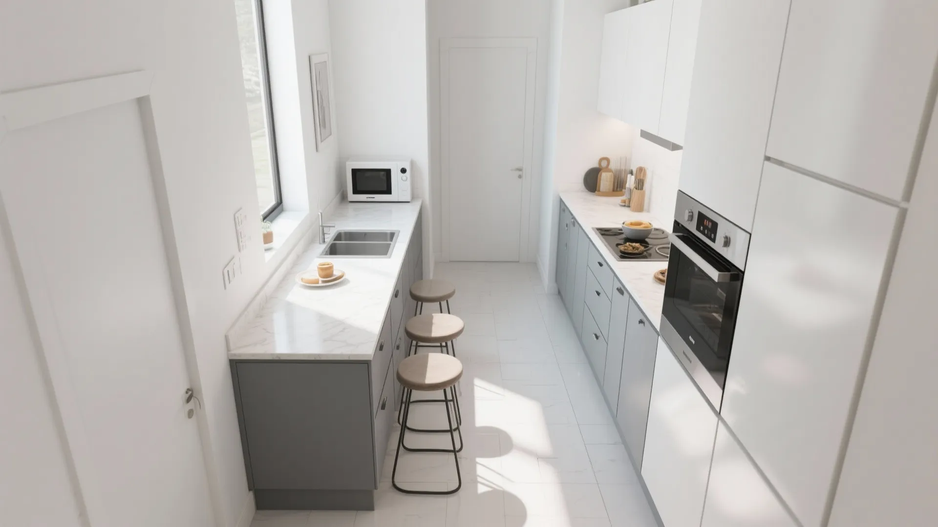 Modern white and grey galley kitchen with marble countertop sink oven microwave and three stools