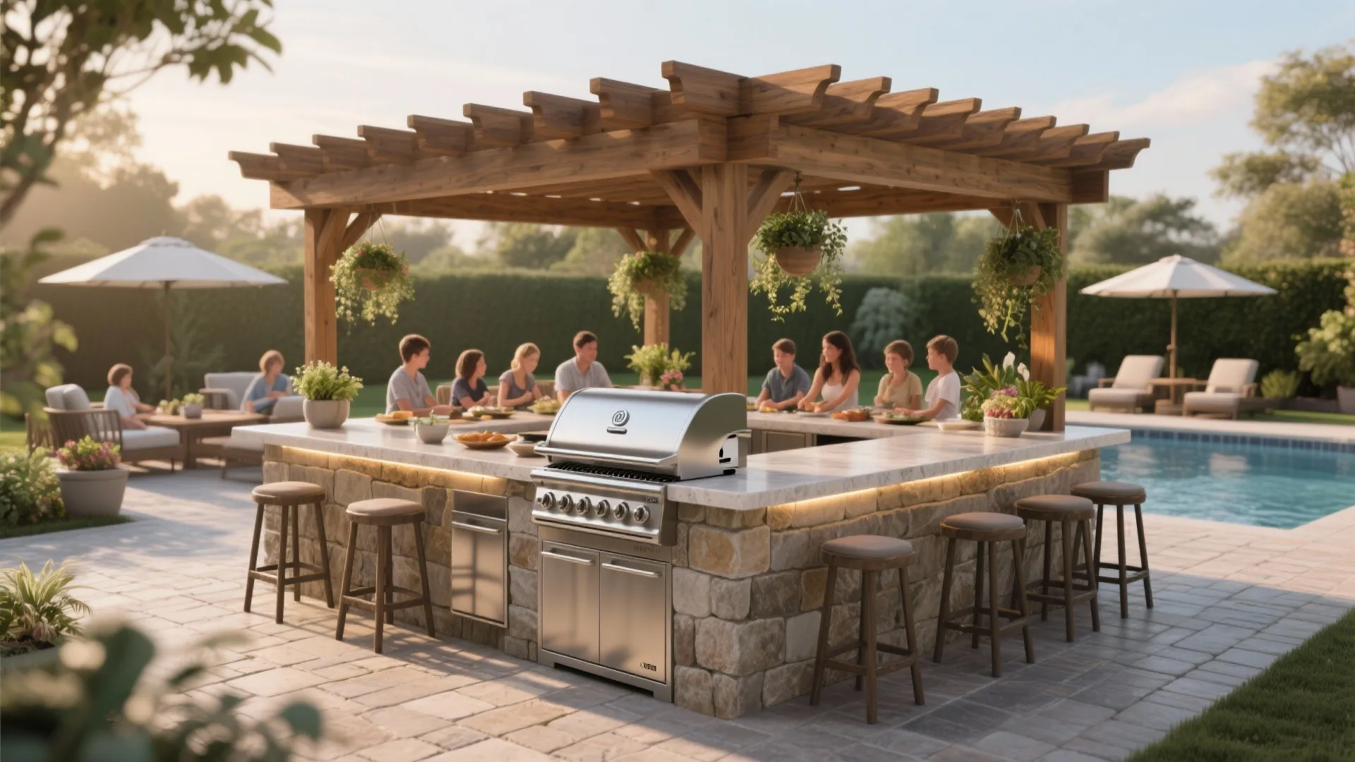 Outdoor stone kitchen island with a silver grill under a wooden pergola near a pool