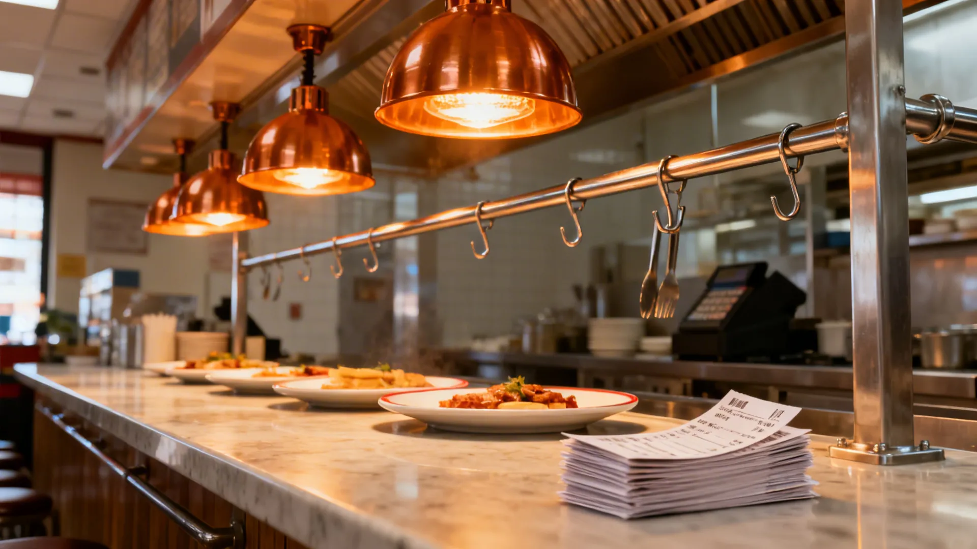 Close-up of ceiling-mounted heat lamps warming plated dishes on the island expedite.