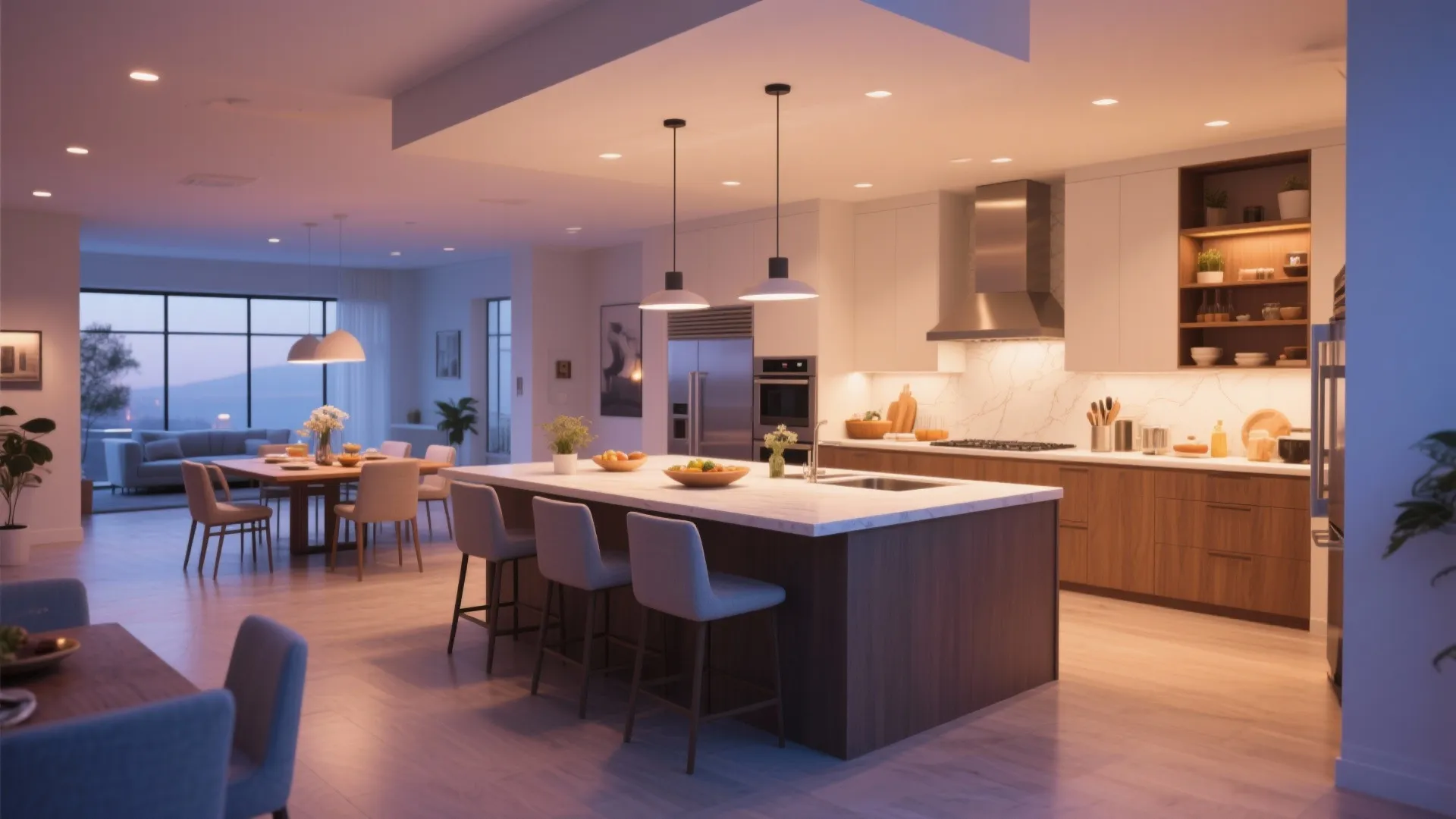 Modern kitchen with large central island for multiple uses