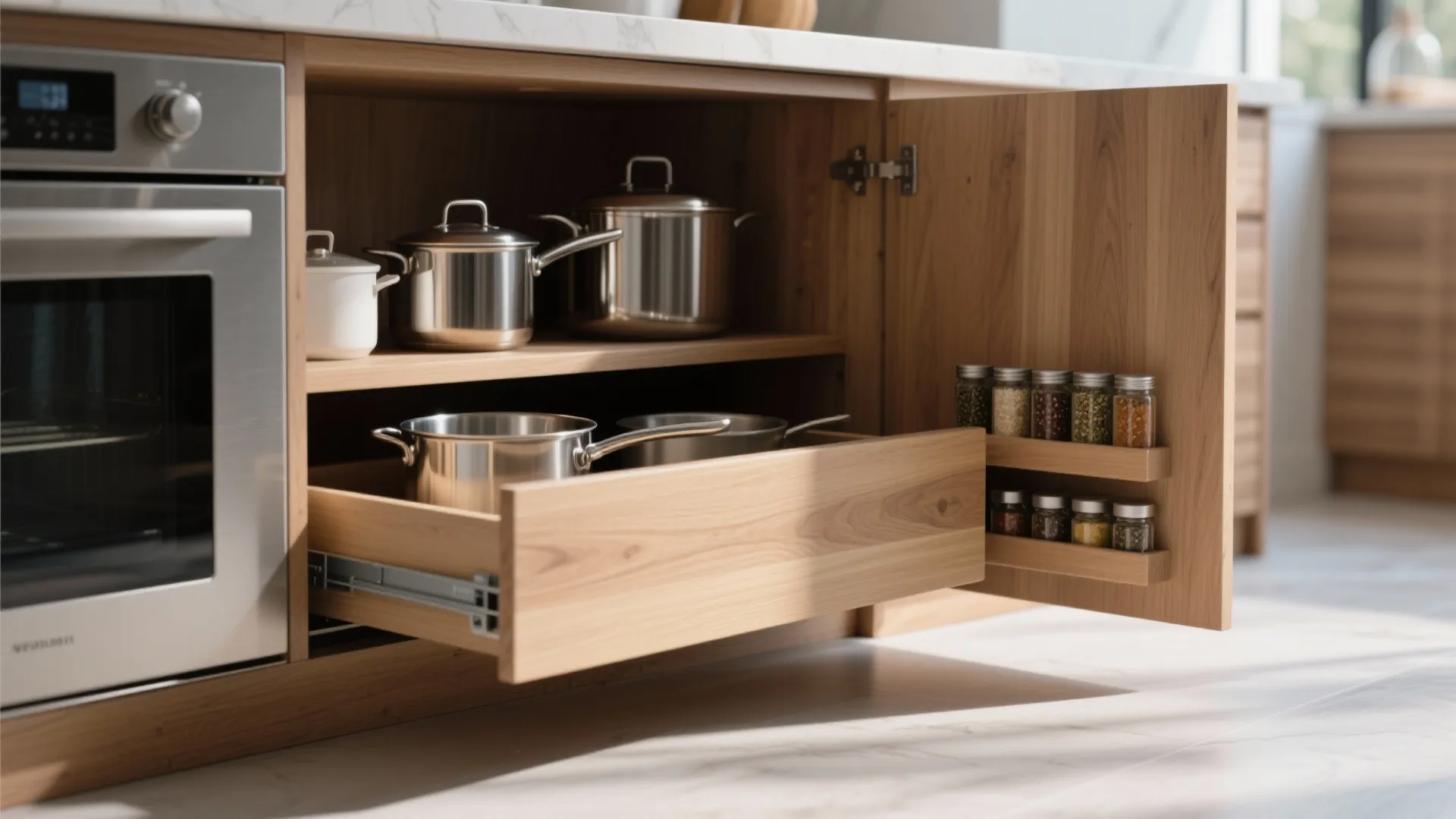 Open wooden kitchen cabinet showing organized metal pots and spice jars in a pullout drawer