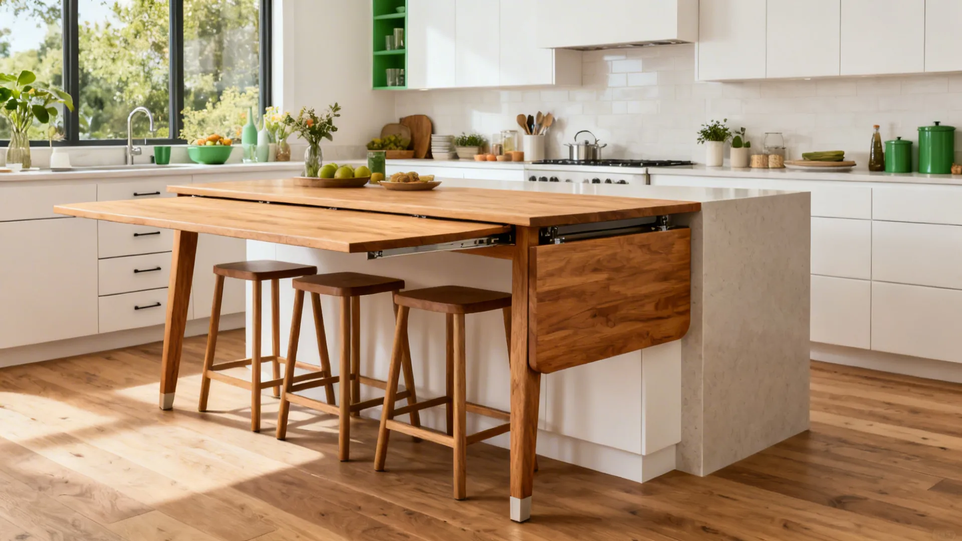 Oak island with a hinged leaf supported by a swing-out leg and tucked stools.