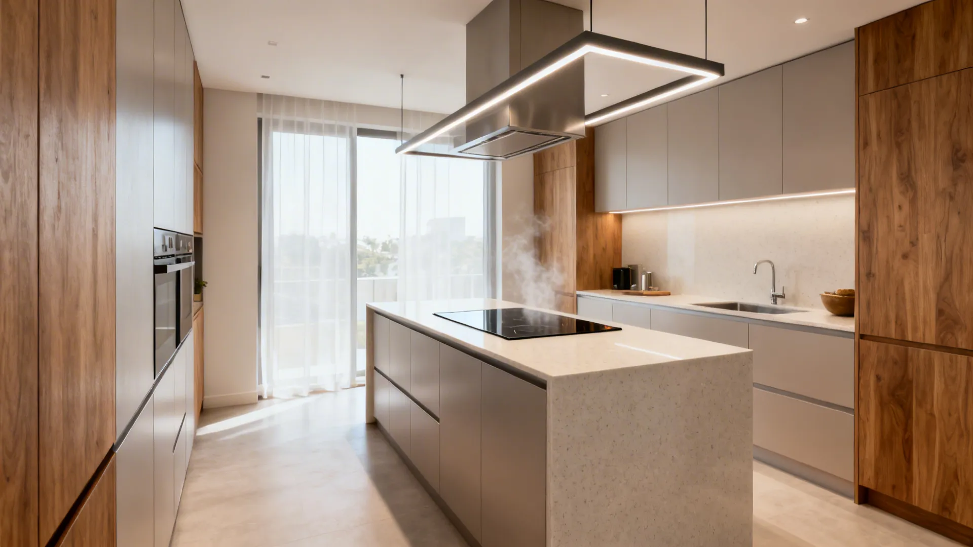 Modern island with an induction hob and discreet ventilation in a compact open-plan kitchen.