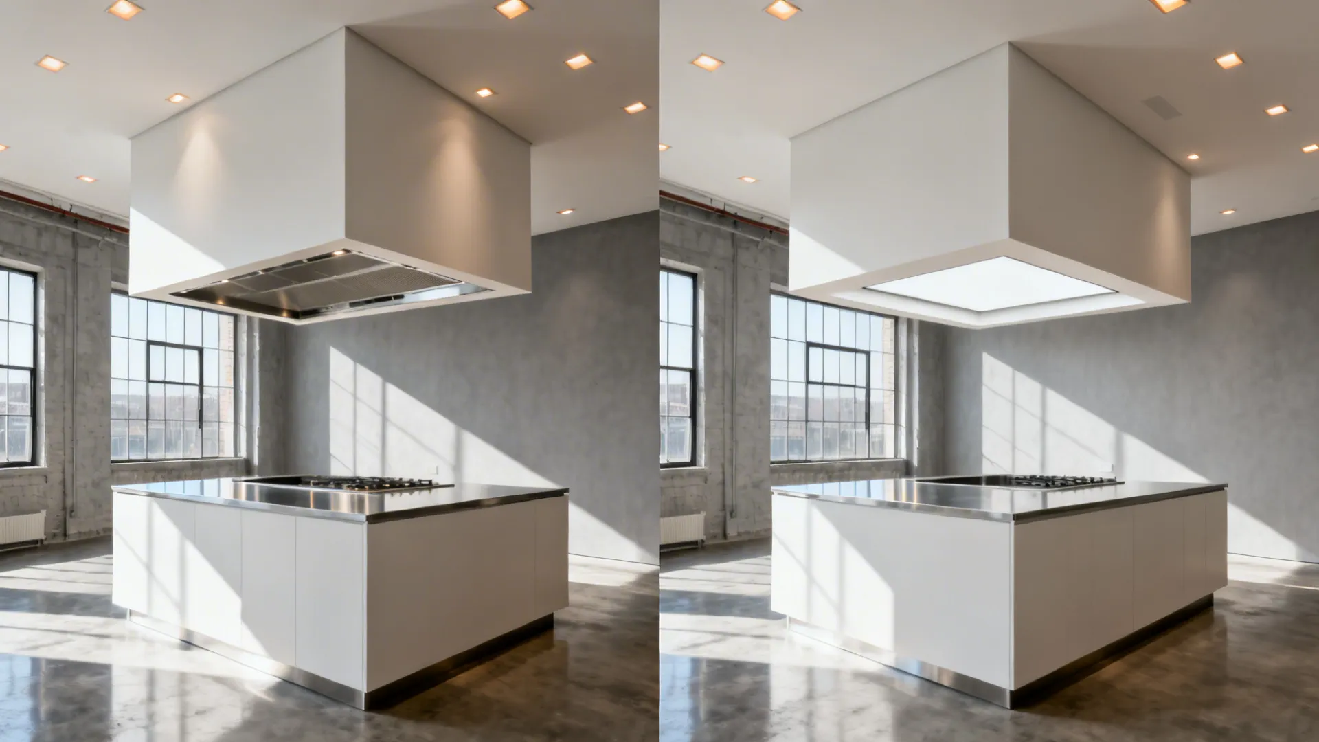 Before and after comparison of an island hood: bulky unit vs sleek ceiling insert.