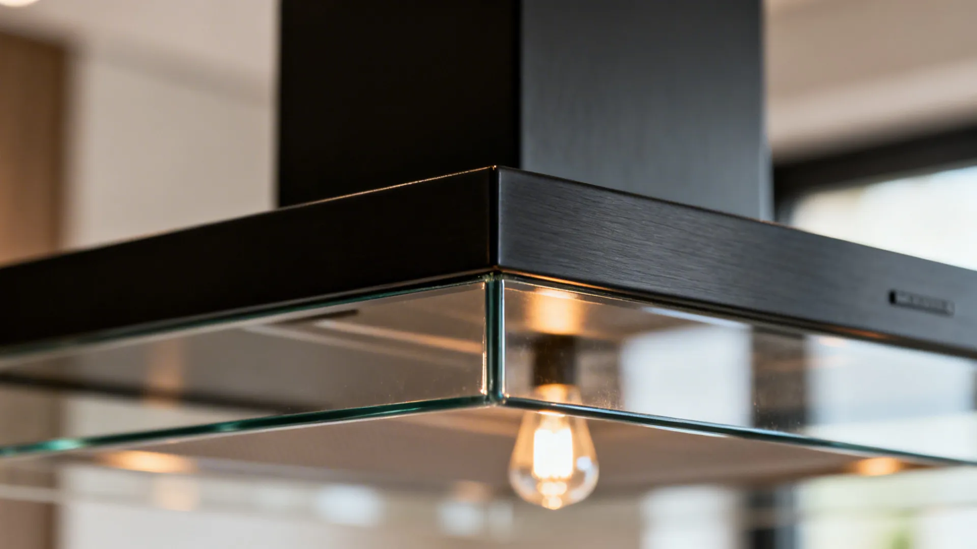 Macro detail of a matte black and glass island chimney canopy with warm light reflections.