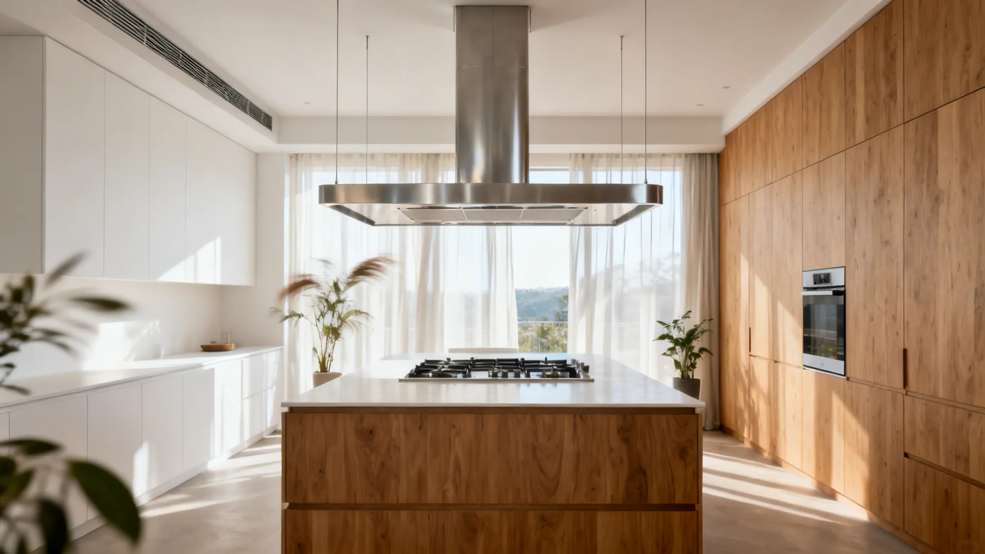 Open-plan kitchen with a stainless island hood positioned low over an island cooktop.