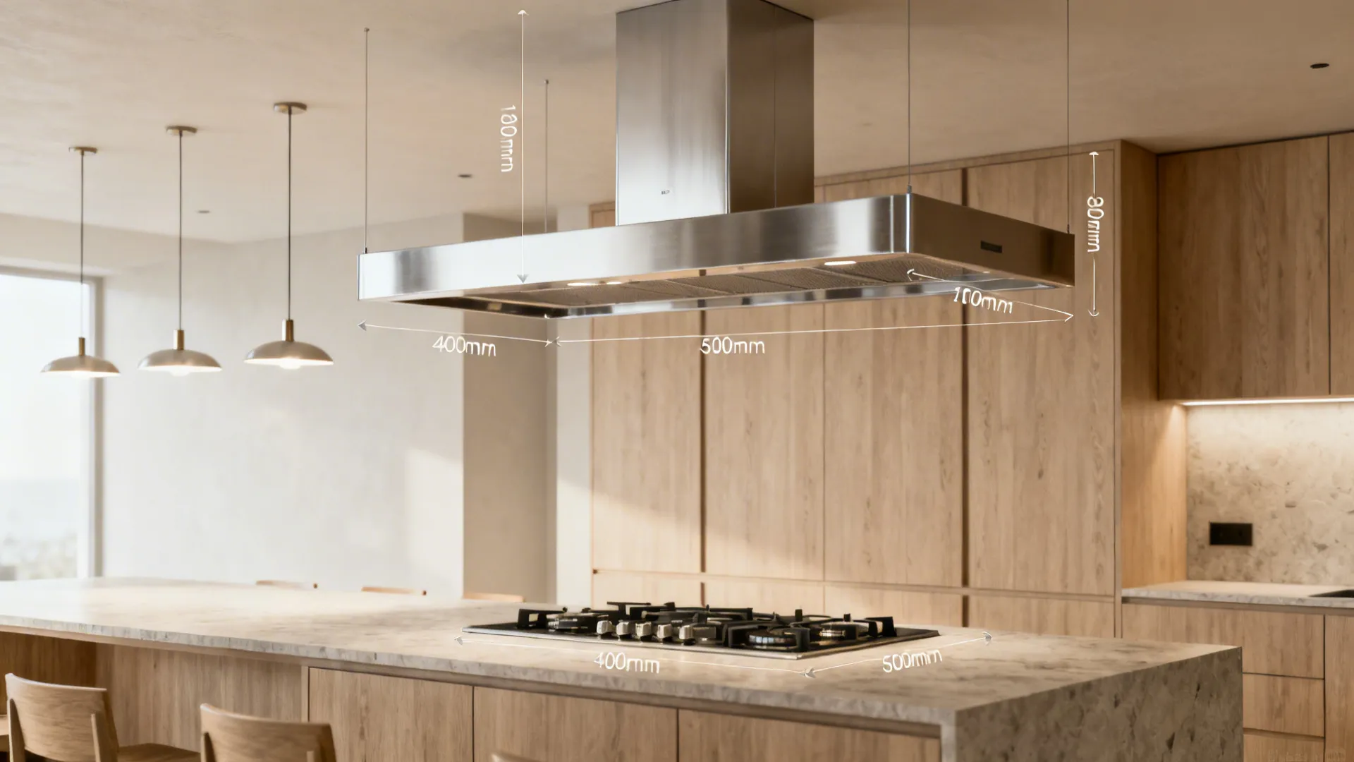 Island range hood mounted higher and wider over a cooktop in an open-plan kitchen.