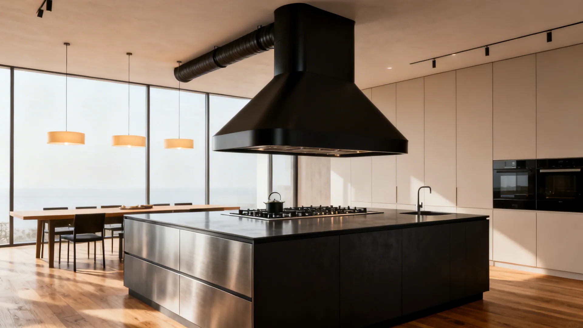 Open-plan kitchen island with a matte black island chimney and warm pendant lights.