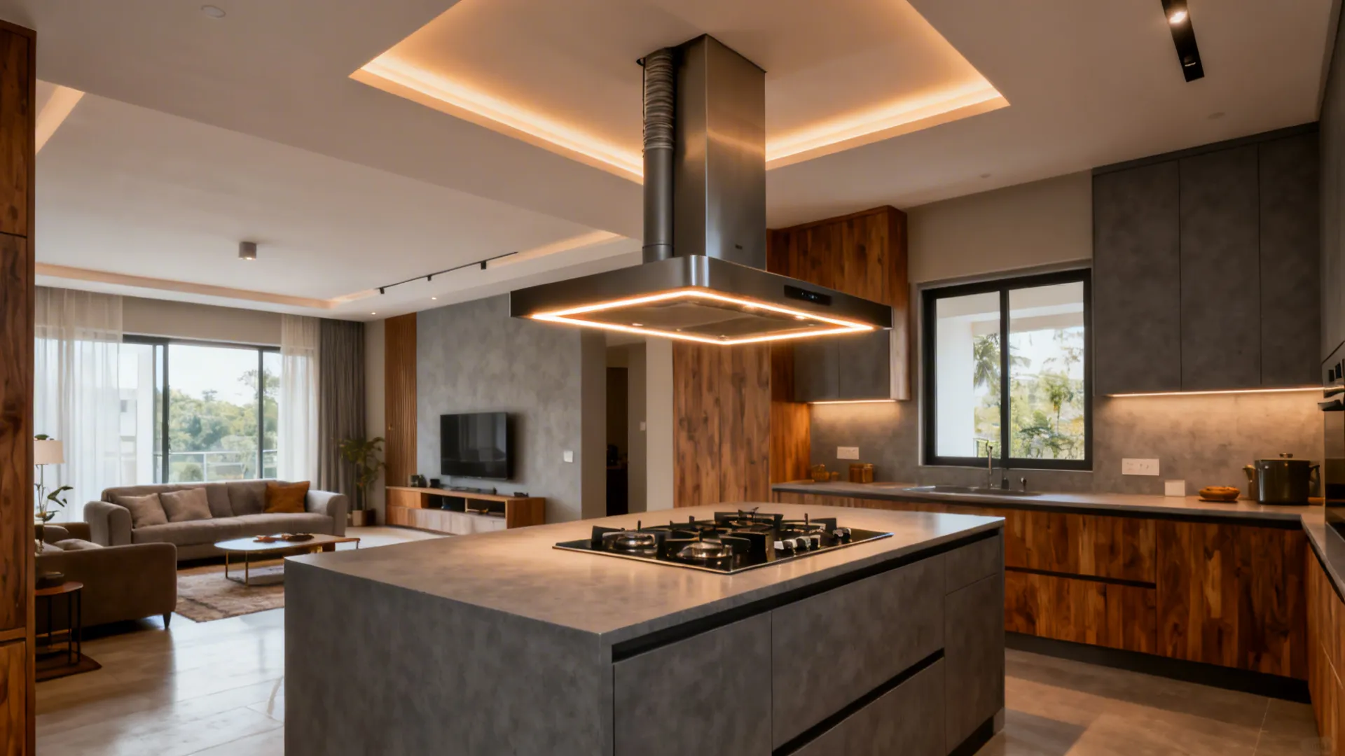 Ceiling-suspended island hood above a peninsula in an open-plan Indian apartment with a quiet, airy feel.