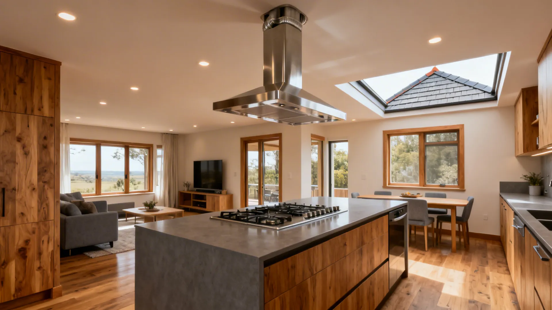 Ceiling-mounted island hood vents vertically through the roof in a compact studio kitchen.