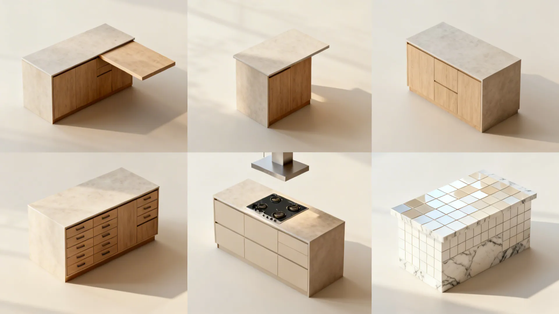 Top-down overview of five compact island ideas arranged on a planning board.