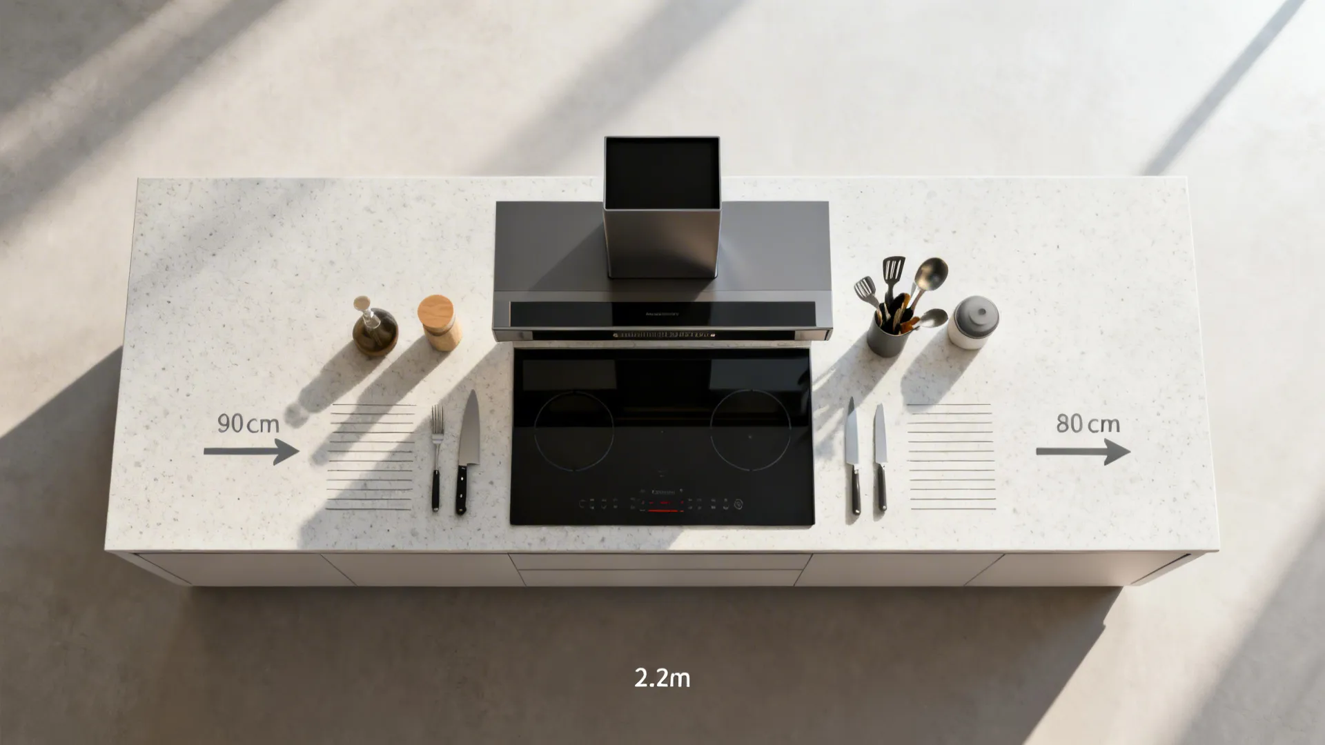 Top-down view of a 2.2 m island with centered induction cooktop and downdraft, ample prep zones on both sides.