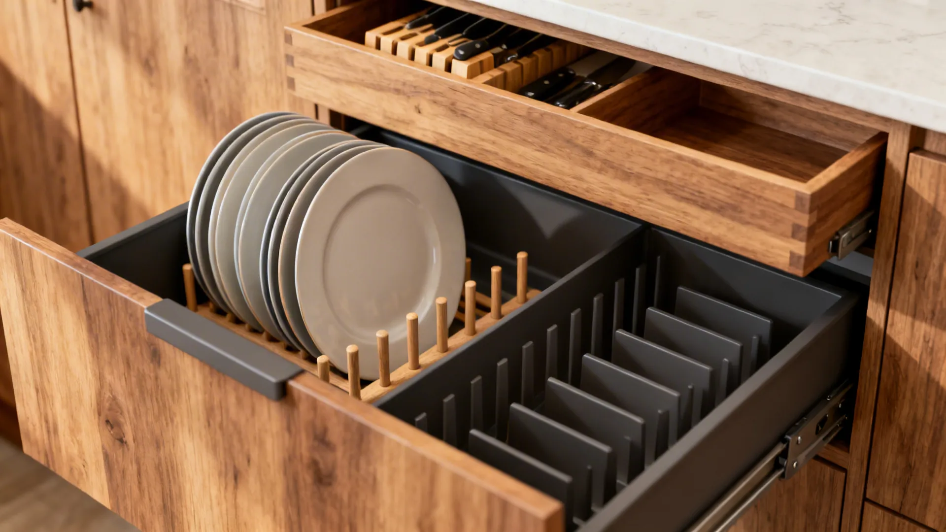 Close-up of adjustable peg system, knife block, and tray dividers in island drawers.